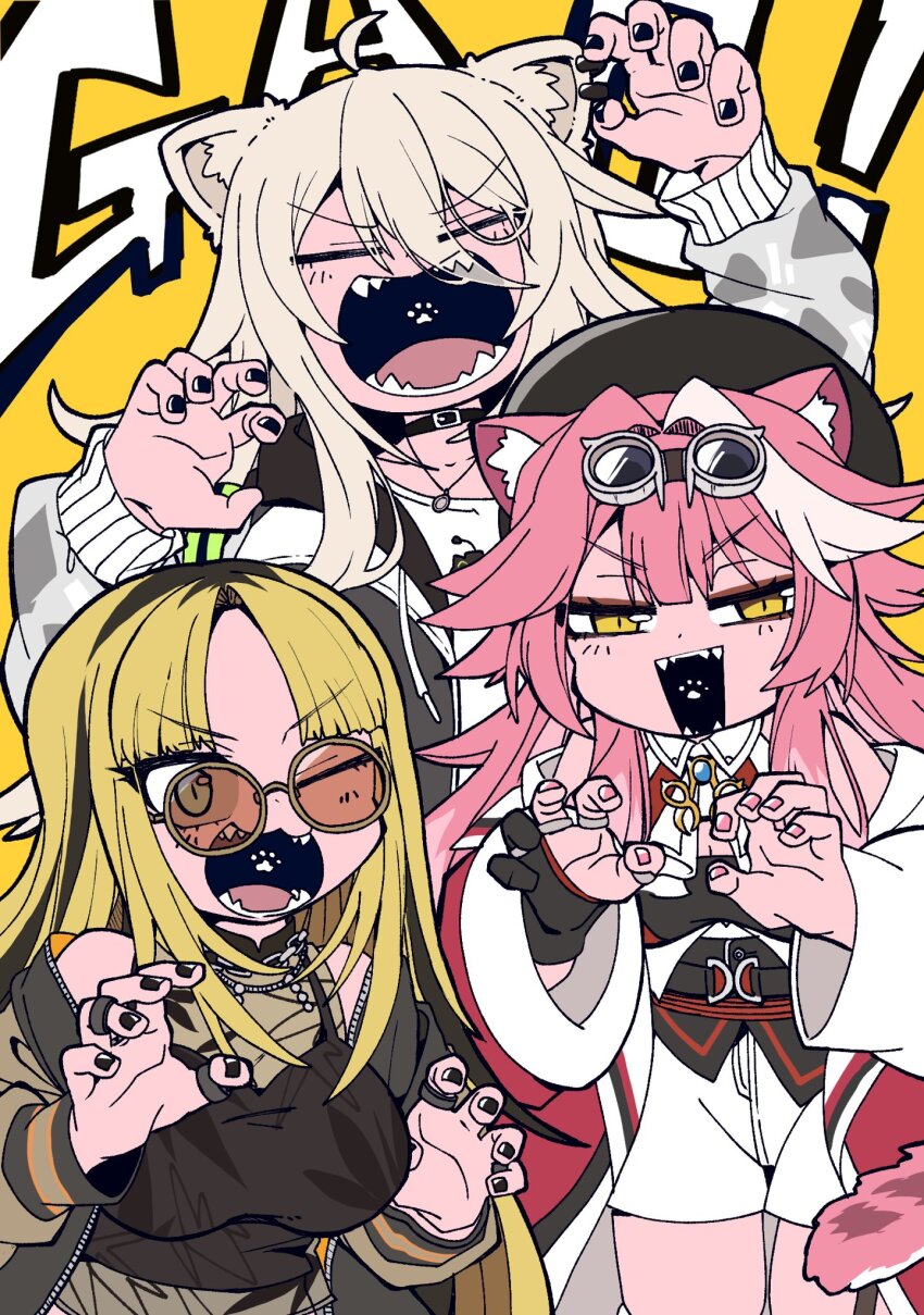 3girls animal_ear_fluff animal_ears beret black_hair black_nails blonde_hair crop_top gao goggles goggles_on_head green_eyes grey_hair hat highres hololive hololive_dev_is hololive_english jacket jewelry koganei_niko lion_ears long_hair looking_at_viewer multicolored_hair multiple_girls open_mouth orange-tinted_eyewear panther_ears panther_girl panther_tail parted_bangs pink_hair raora_panthera raora_panthera_(1st_costume) round_eyewear shirt shishiro_botan shishiro_botan_(button-down) streaked_hair sunglasses tada_no_shika tail tinted_eyewear virtual_youtuber yellow_eyes