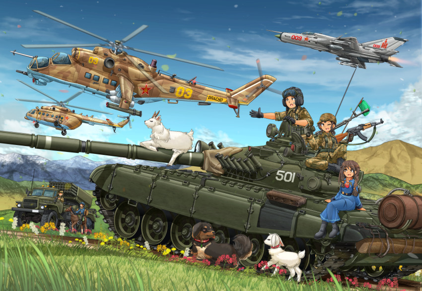 1boy 2girls aircraft airplane akm assault_rifle attack_helicopter black_footwear black_gloves black_hair black_headwear blue_dress blue_sky bm-21 boots braid brown_eyes brown_jacket brown_pants camouflage camouflage_headwear camouflage_jacket camouflage_pants cloud cloudy_sky combat_boots commentary_request cross-laced_footwear cyrillic dachshund dark-skinned_female dark-skinned_male dark_skin day dog dress field_cap fighter_jet flag flag_on_vehicle flower gloves goat goggles goggles_on_headwear grass gun hair_tie hat helicopter helmet highres holding holding_weapon horse jacket kalashnikov_rifle leaf long_dress long_sleeves looking_at_another looking_at_viewer mi-24 mi-8 mig-21 mikeran_(mikelan) military military_combat_uniform military_hat military_uniform military_vehicle mongolian_people&#039;s_army motion_blur motor_vehicle mountain multiple_girls multiple_others one_eye_closed open_mouth original outdoors pants partial_commentary pilot reaching reaching_towards_viewer red_neckwear rifle roundel russian_text sitting sky sleeves_rolled_up smile star_(symbol) sweatdrop t-72 tank tank_helmet tank_top twin_braids twintails vehicle_focus weapon