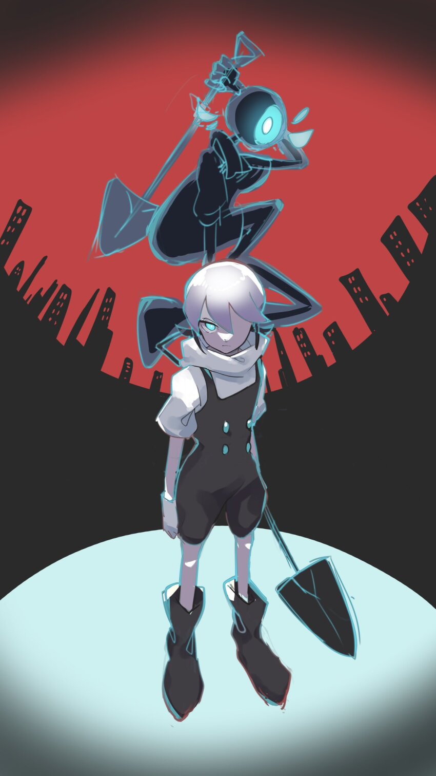 1other aqua_eyes bb00000 black_boots black_hair black_overalls boots colored_inner_hair dual_persona fastening_(zutomayo) gloves glowing glowing_eye highres holding holding_shovel knee_boots multicolored_hair overalls red_sky shirt shovel sky standing staring teiketsu_(fastening)_(zutomayo) teiketsu_(zutomayo) two-tone_hair white_gloves white_hair white_shirt zutto_mayonaka_de_ii_no_ni