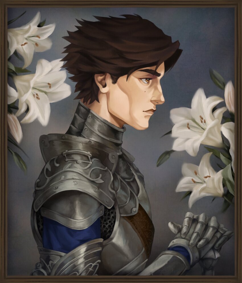 1boy arcane:_league_of_legends armor arms_up blue_shirt breastplate brown_eyes brown_hair chainmail closed_mouth commentary curtained_hair dahffodil english_commentary flower gauntlets highres knight leaf league_of_legends lily_(flower) looking_ahead male_focus mole mole_under_eye own_hands_clasped own_hands_together pauldrons picture_frame profile shirt short_hair shoulder_armor solo upper_body viktor_(arcane) viktor_(league_of_legends) white_flower