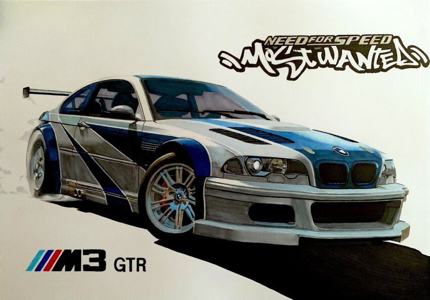bmw bmw_3_series bmw_e46 bmw_m3 bmw_m3_gtr car grey_car highres motor_vehicle need_for_speed need_for_speed:_most_wanted_(2005) no_humans shadow smoke spoiler_(automobile) sports_car sumakun traditional_media vehicle_focus vehicle_name white_background