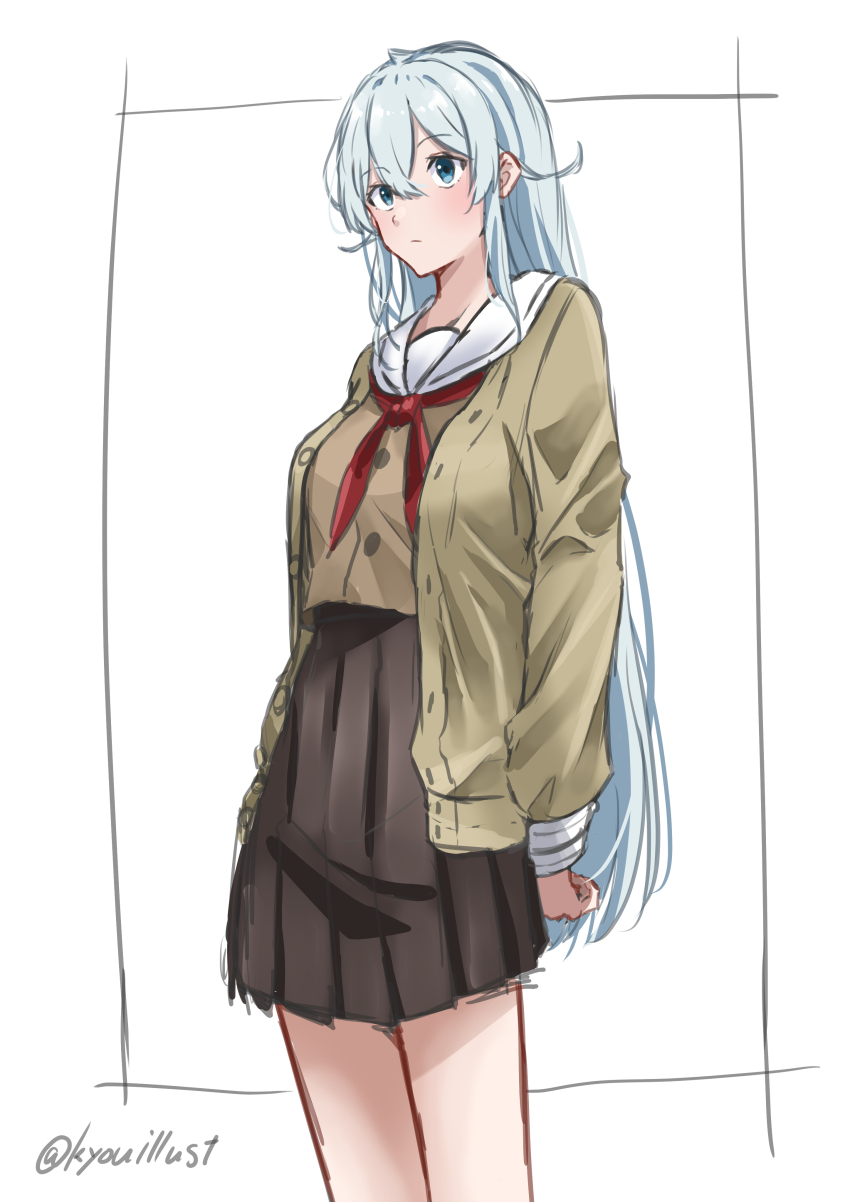 1girl absurdres artist_name blue_eyes blue_hair breasts brown_serafuku brown_shirt brown_skirt cowboy_shot hair_between_eyes highres kyou_(kyouillust) large_breasts long_hair miniskirt neckerchief neckerchief_between_breasts nijisanji open_clothes pleated_skirt red_neckerchief sailor_collar school_uniform serafuku shirt simple_background skirt solo virtual_youtuber white_background white_sailor_collar yukishiro_mahiro yukishiro_mahiro_(2nd_costume)
