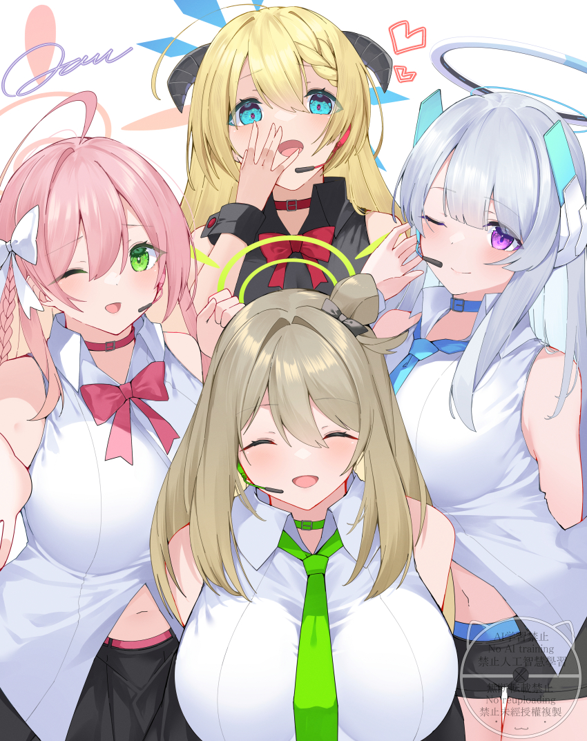 4girls absurdres ahoge akari_(blue_archive) alternate_costume belt_collar black_horns black_shirt black_shorts blonde_hair blue_archive blue_halo blue_necktie bow bowtie breasts closed_eyes collar commentary_request demon_horns earpiece green_eyes green_halo hair_bow hair_bun halo hanako_(blue_archive) headgear highres horns jam_(jamjam777) large_breasts long_hair looking_at_viewer mechanical_halo multiple_girls necktie noa_(blue_archive) nonomi_(blue_archive) one_eye_closed pink_hair pink_halo pink_pupils shirt shorts single_side_bun sleeveless sleeveless_shirt smile white_bow white_hair white_halo white_shirt yellow_necktie