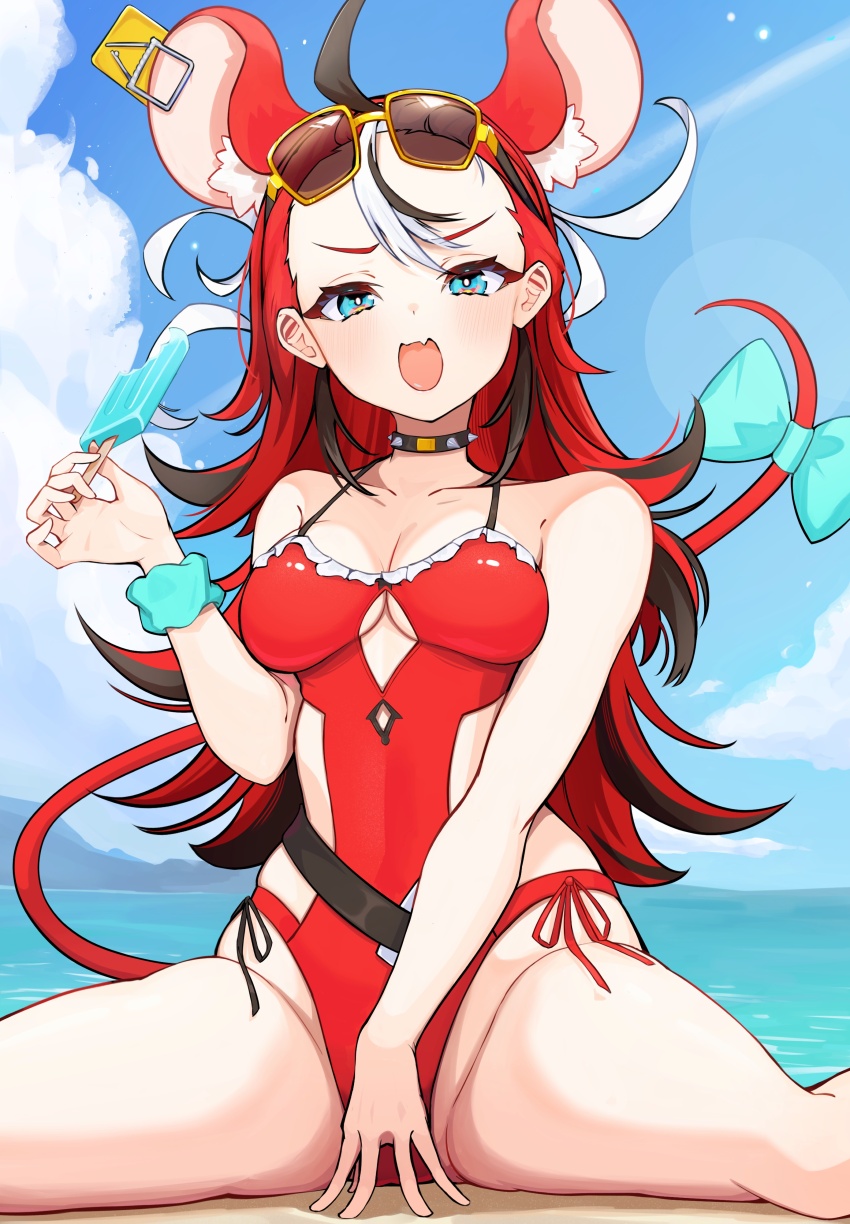1girl absurdres animal_ear_fluff animal_ears bare_arms bare_shoulders beach bitten_popsicle black_hair blue_bow blue_eyes blue_scrunchie blue_sky blush bow breasts bright_pupils choker cleavage cloud commentary cutout_above_navel day english_commentary eyewear_on_head fang food h4kuuua_0 hakos_baelz hakos_baelz_(holonatsu_paradise) hand_up highres holding holding_food holding_popsicle hololive hololive_english long_hair looking_at_viewer medium_breasts mouse_ears mouse_girl mouse_tail mousetrap multicolored_hair ocean official_alternate_costume one-piece_swimsuit open_mouth outdoors popsicle red_hair red_one-piece_swimsuit scrunchie sitting skin_fang sky solo spiked_choker spikes streaked_hair sunglasses swimsuit tail tail_bow tail_ornament v-shaped_eyebrows very_long_hair virtual_youtuber white_hair white_pupils wrist_scrunchie
