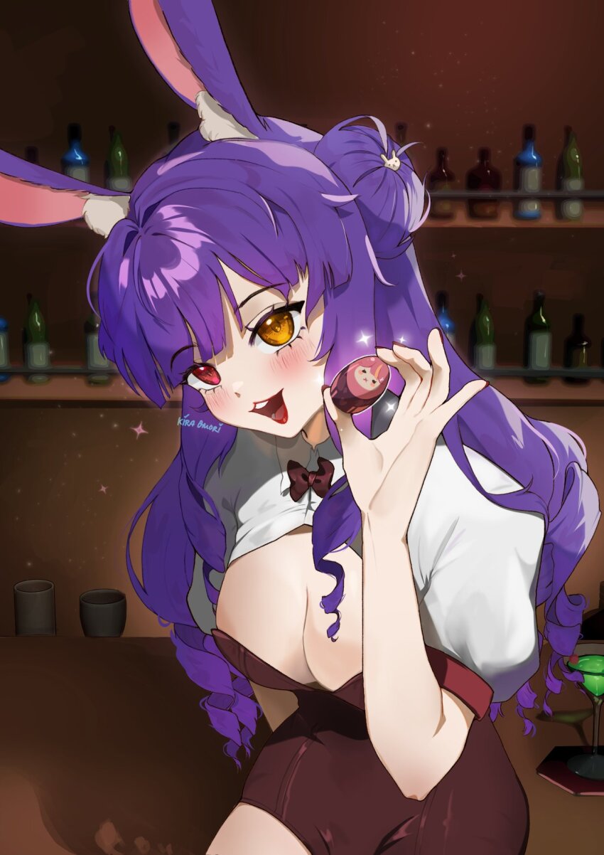 1girl alternate_costume ambiguous_green_liquid animal_ear_fluff animal_ears bar_(place) barmaid bartender blush bottle bow bowtie breasts cleavage cleavage_cutout clothing_cutout cup easter_egg egg heterochromia highres indie_virtual_youtuber kira_omori lipstick long_hair looking_at_viewer maddie_(vtuber) makeup medium_breasts orange_eyes purple_hair rabbit_ears rabbit_girl red_eyes ringlets sitting smile