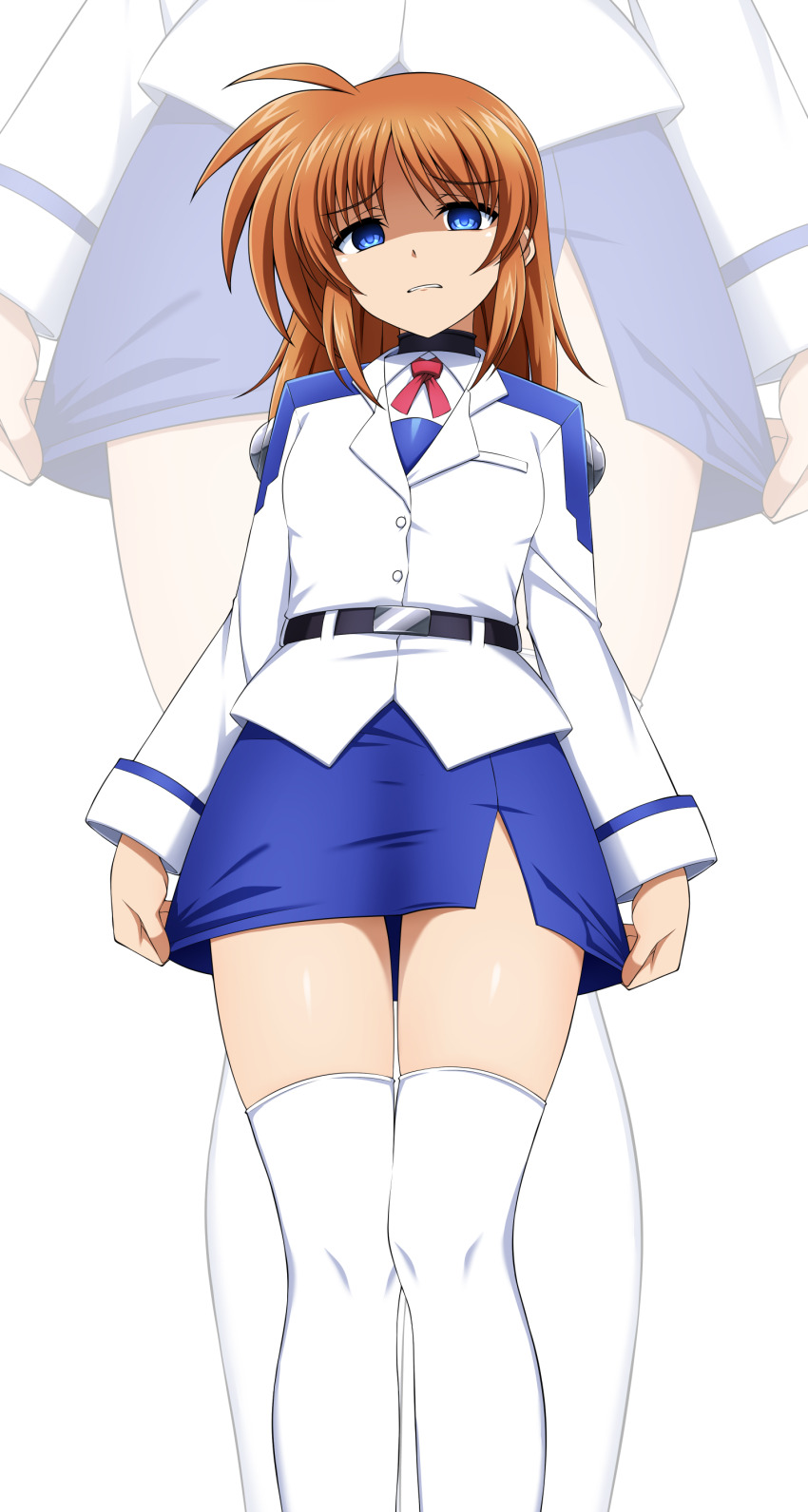 1girl absurdres adjusting_skirt alternate_hairstyle annoyed belt blue_eyes brown_hair buckle eyebrows_hidden_by_hair hair_down hair_ribbon highres long_hair long_sleeves looking_at_viewer lyrical_nanoha mahou_shoujo_lyrical_nanoha military_uniform oshimaru026 pencil_skirt red_ribbon ribbon shaded_face sidelocks skirt solo takamachi_nanoha thighhighs tsab_air_military_uniform white_background zoom_layer