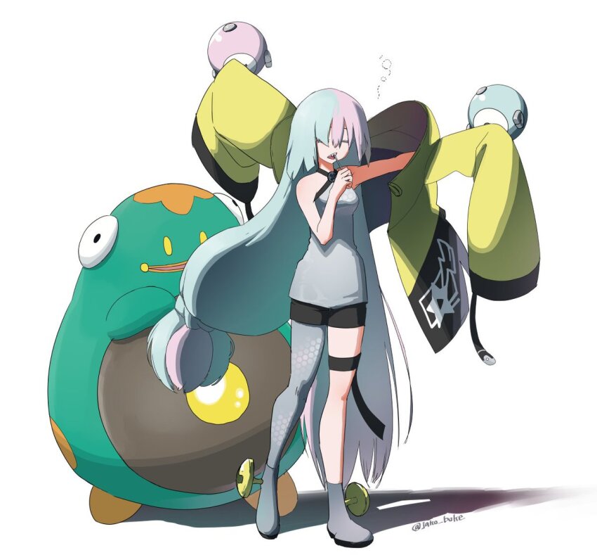 1girl bellibolt bike_shorts grey_footwear grey_pantyhose iono_(pokemon) jacket jako_(boke_poke) long_hair low-tied_long_hair multicolored_hair nintendo pantyhose pink_hair pokemon pokemon_sv sharp_teeth single_leg_pantyhose split-color_hair squeans teeth very_long_hair x yellow_jacket