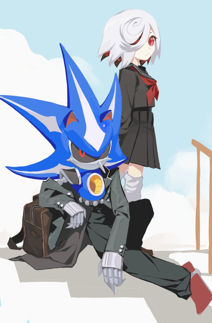 1boy 1girl alternate_costume bag blue_sky highres humanoid_robot looking_at_viewer metal_sonic multicolored_hair neo_metal_sonic pling43708 red_eyes robot sage_(sonic) school_bag school_uniform sky sonic_(series) two-tone_hair white_hair
