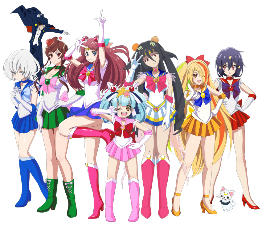 6+girls :d ;d arm_up bishoujo_senshi_sailor_moon bishoujo_senshi_sailor_moon_s black_cape black_hair black_hat black_pants blonde_hair blue_bow blue_choker blue_eyes blue_hair blue_skirt boots bow breasts brooch brown_hair cape choker circlet cleavage clenched_hand collar cosplay crescent crescent_facial_mark dog elbow_gloves facial_mark fish flat_chest food formal_clothes fruit gloves green_boots green_choker green_hair grey_eyes hair_bow hair_ornament hair_over_one_eye hand_on_own_hip hands_on_own_hips hands_up hat heart heart_brooch high_heels highres hoshikawa_lily jewelry knee_boots konno_junko long_hair looking_at_another looking_at_viewer luna_(sailor_moon) luna_(sailor_moon)_(cosplay) mask medium_breasts minamoto_sakura mitsuishi_kotono mizuno_ai multicolored_hair multiple_girls nikaidou_saki one_eye_closed onion open_mouth orange_(fruit) pants pink_boots pink_bow pink_skirt pirochi pointing pointing_at_viewer red_bow red_eyes red_hair red_skirt romero_(zombie_land_saga) sailor_jupiter sailor_jupiter_(cosplay) sailor_mars sailor_mars_(cosplay) sailor_mercury sailor_mercury_(cosplay) sailor_moon sailor_neptune sailor_neptune_(cosplay) sailor_saturn sailor_saturn_(cosplay) sailor_venus sailor_venus_(cosplay) school_uniform serafuku shoes sidelocks simple_background skirt smile spiked_collar spikes standing standing_on_one_leg star_(symbol) star_hair_ornament suit tatsumi_koutarou tuxedo_kamen tuxedo_kamen_(cosplay) v very_long_hair voice_actor_connection wavy_mouth white_background white_gloves white_hair white_skirt yamada_tae yellow_shoes yuugiri_(zombie_land_saga) zombie_land_saga