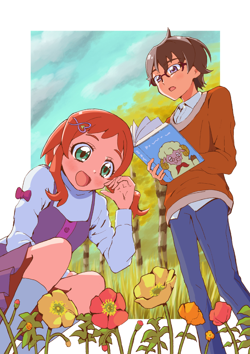 1boy 1girl absurdres blue_pants blush book brown_hair brown_sweater cloud dress dress_shirt flower glasses grass green_eyes hair_ornament hairclip highres holding holding_book inukai_iroha kagekaku long_sleeves medium_hair mehmeh_(wonderful_precure!) open_mouth pants pink_hair pleated_dress precure purple_dress purple_eyes red-framed_eyewear semi-rimless_eyewear shirt shirt_under_sweater short_hair sky sleeveless sleeveless_dress socks sweater toyama_satoru tree white_shirt white_socks white_sweater wonderful_precure!
