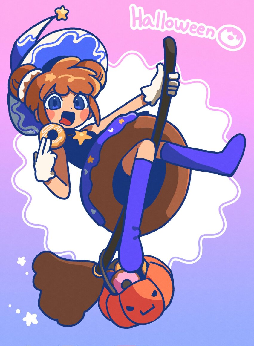 1girl :d black_shirt blue_eyes blue_footwear blush boots broom broom_riding brown_hair commentary donut english_text flying food food-themed_clothes gloves halloween halloween_bucket halloween_costume hat highres holding holding_donut holding_food idol_(rhythm_tengoku) jangbar_rhythm looking_at_viewer official_alternate_costume open_mouth pumpkin rhythm_tengoku rhythm_tengoku_the_best+ shirt short_twintails skirt sleeveless smile star_(symbol) twintails witch_hat