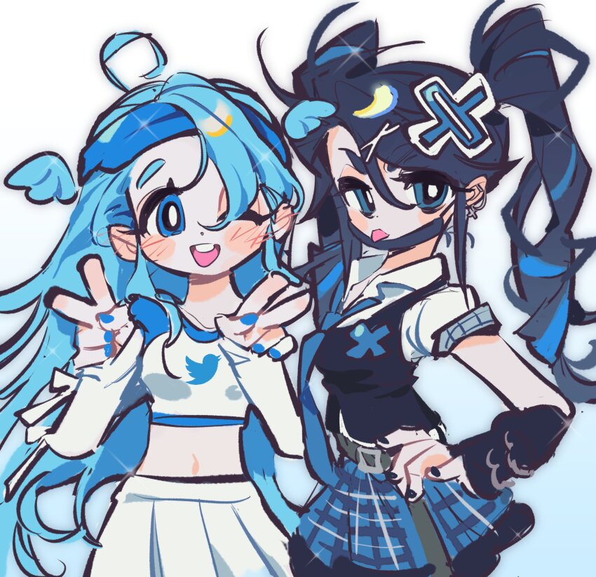 2girls :p ;d absurdres ahoge barbell_piercing belt black_hair blue_eyes blue_hair blue_hairband blue_nails blue_necktie blue_skirt blue_trim blush bright_pupils cowboy_shot crop_top detached_sleeves detached_wings dot_nose double_v ear_chain ear_piercing facing_viewer hair_between_eyes hair_ornament hairband hand_on_own_hip hands_up happy high_ponytail highres industrial_piercing kerberos_(kerbe_) linked_piercing long_eyelashes long_hair long_sleeves looking_at_viewer mini_wings multicolored_hair multiple_girls nail_polish navel necktie one_eye_closed open_mouth piercing plaid_clothes plaid_skirt pleated_skirt ponytail print_shirt shirt short_sleeves side-by-side simple_background sketch skirt sleeve_cuffs smile sparkle streaked_hair sweater_vest teeth tongue tongue_out twintails twitter twitter-san_(tsukigi) twitter_bird twitter_logo two-tone_hair upper_teeth_only v v-shaped_eyebrows very_long_hair white_background white_shirt white_skirt wing_collar wings x_hair_ornament