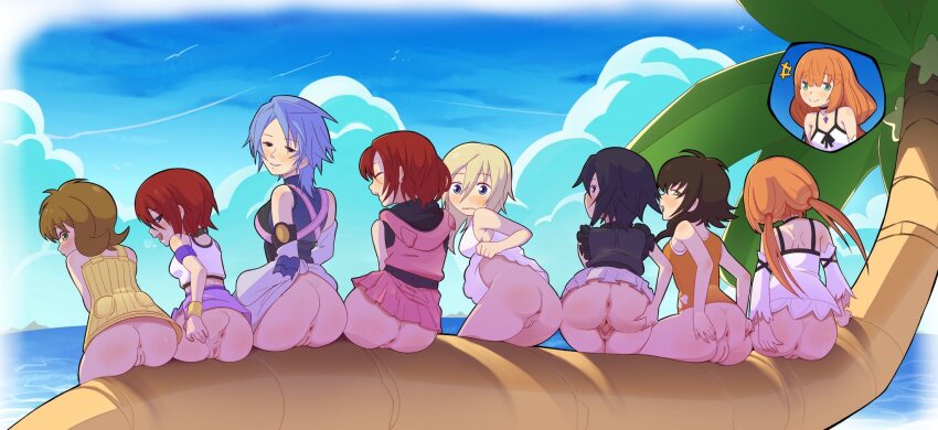 6+girls anus aqua_(kingdom_hearts) ass blonde_hair blue_hair bottomless breasts brown_hair cleft_of_venus clothes_lift commentary detached_sleeves dress dress_lift english_commentary final_fantasy final_fantasy_viii highres kairi_(kingdom_hearts) kingdom_hearts kingdom_hearts_358/2_days kingdom_hearts_birth_by_sleep kingdom_hearts:_chain_of_memories kingdom_hearts_i kingdom_hearts_ii kingdom_hearts_iii kingdom_hearts_x leaning_forward looking_at_viewer looking_back low_twintails medium_breasts medium_hair multiple_girls namine no_panties ocean olette palm_tree pussy red_hair selphie_tilmitt short_hair skirt skirt_lift small_breasts spaghetto087 spread_pussy strelitzia_(kingdom_hearts) take_your_pick time_paradox tree twintails xion_(kingdom_hearts)