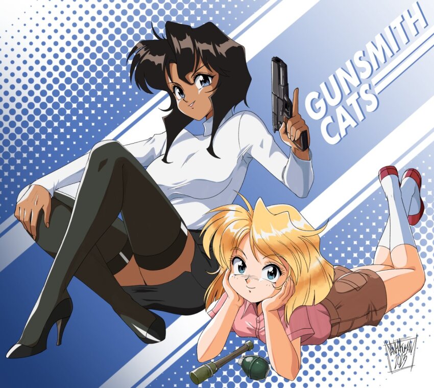 1990s_(style) 2girls alternate_legwear black_footwear black_hair black_skirt black_thighhighs blonde_hair blue_eyes bow breasts brown_shorts copyright_name cz_75 danmakuman dark-skinned_female dark_skin explosive grenade gun gunsmith_cats handgun high_heels leotard lying m26_grenade medium_breasts minnie_may_hopkins multiple_girls office_lady on_stomach pencil_skirt pink_shirt rally_vincent red_footwear retro_artstyle shirt shorts skirt small_breasts socks stielhandgranate thighhighs weapon white_leotard white_shirt white_socks