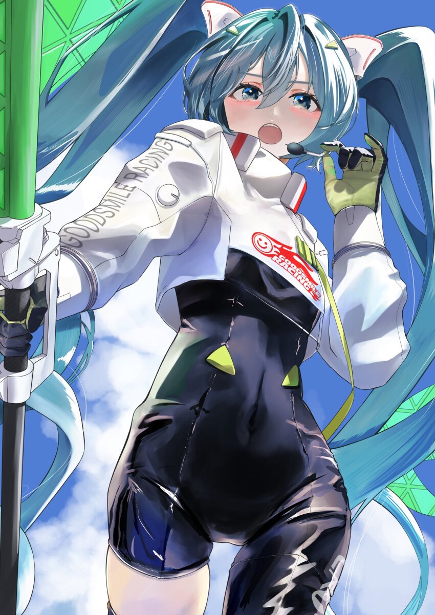 1girl :o black_bodysuit black_gloves black_thighhighs blue_eyes blue_hair blue_sky blush bodysuit cloud commentary_request covered_navel cowboy_shot day flag flat_chest from_below gloves goodsmile_racing green_gloves hair_between_eyes hatsune_miku highres holding holding_flag hxk4_n jacket long_sleeves looking_at_viewer microphone one_eye_closed open_mouth racing_miku racing_miku_(2022) skindentation sky smile solo teeth thighhighs twintails upper_teeth_only vocaloid white_jacket