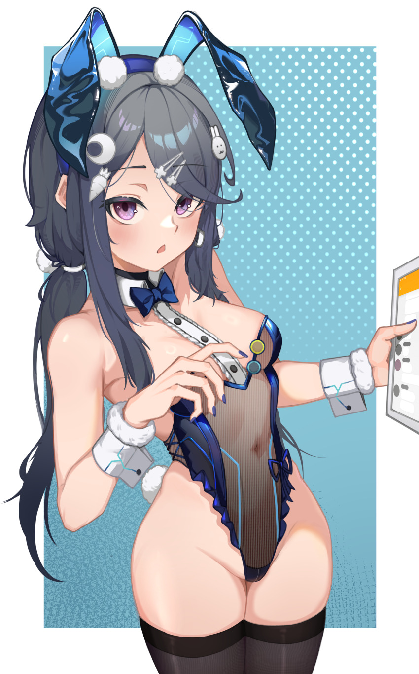 1girl absurdres animal_ears black_hair black_thighhighs blue_background blue_bow blue_bowtie blue_nails blush border bow bowtie breasts buttons carrot_hair_ornament cowboy_shot crescent crescent_hair_ornament detached_collar dotted_background exia_(hacker_rabbit)_(nikke) exia_(nikke) fake_animal_ears food-themed_hair_ornament goddess_of_victory:_nikke hair_ornament hairclip hands_up highres holding holding_tablet_pc leotard locria_(lingyuzhisi) long_sidelocks looking_at_viewer low_twintails outside_border playboy_bunny purple_eyes rabbit_ears rabbit_hair_ornament rabbit_tail see-through_clothes see-through_leotard sidelocks standing strapless strapless_leotard swept_bangs tablet_pc tail thighhighs triangle_mouth twintails white_border wrist_cuffs
