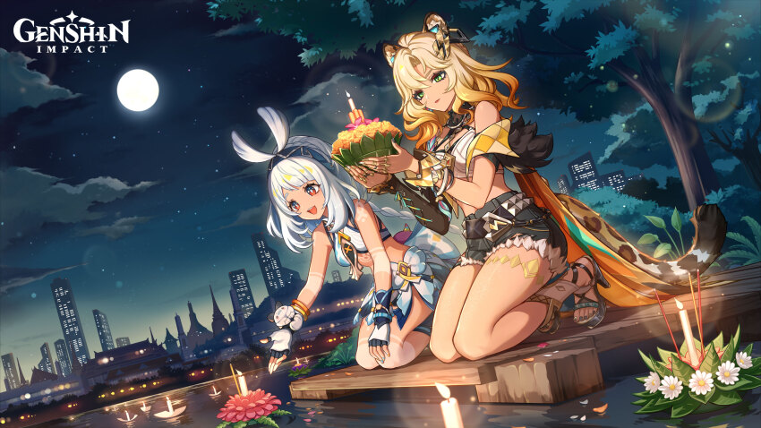 2girls absurdres animal_ears bare_shoulders blonde_hair blue_hairband braid fingerless_gloves genshin_impact gloves green_eyes hair_between_eyes hairband highres jaguar_ears jaguar_girl jaguar_tail kratong long_hair loy_kratong mualani_(genshin_impact) multicolored_hair multiple_girls nail_polish official_art open_mouth red_eyes smile tail tan thai_commentary thailand thighs twin_braids xilonen_(genshin_impact)