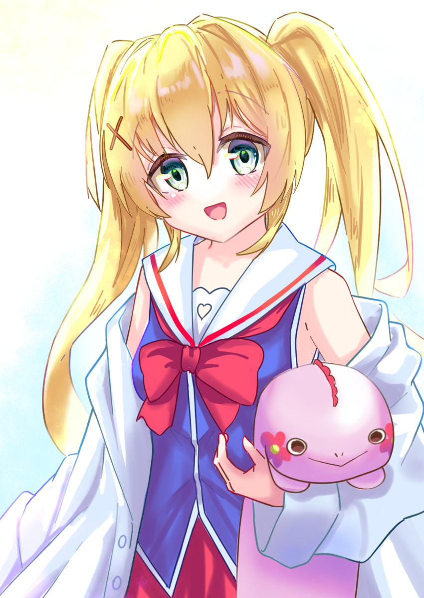 1girl :d bare_shoulders blonde_hair bloom blue_shirt blush bow bowtie coat commentary_request cosplay cowboy_shot green_eyes hair_intakes hair_ornament happy highres holding holding_stuffed_toy irotoridori_no_sekai lab_coat long_hair looking_at_viewer nikaidou_shinku nikaidou_shinku_(cosplay) open_clothes open_coat open_mouth oversized_clothes red_bow red_bowtie red_skirt sailor_collar school_uniform serafuku shirt sidelighting sidelocks simple_background skirt sleeveless sleeveless_shirt smile solo stuffed_animal stuffed_toy summer_pockets tsumugi_wenders twintails user_crrh7845 white_background white_sailor_collar x_hair_ornament