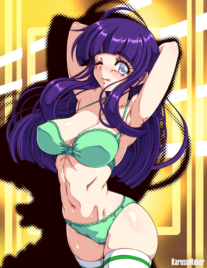 1girl ;q absurdres alternate_costume armpits arms_behind_head artist_name blunt_bangs bra breasts cleavage commentary commission contemporary cowboy_shot green_bra green_panties grey_eyes highres hyuuga_hinata karosu_maker large_breasts long_hair long_sleeves looking_at_viewer naruto_(series) navel one_eye_closed paid_reward_available panties purple_hair shadow solo standing stomach thighhighs tongue tongue_out underwear underwear_only white_thighhighs yellow_background