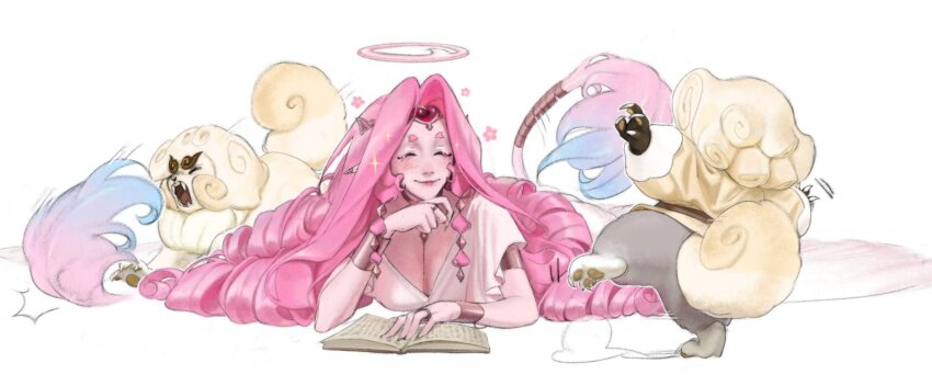 1girl 1other angel breasts cleavage cloud_haetae_cookie colored_skin cookie_run cookie_run:_kingdom demon_girl dress eternal_sugar_cookie highres komainu long_hair looking_at_another midlle4 pink_eyes pink_hair pink_skin wings
