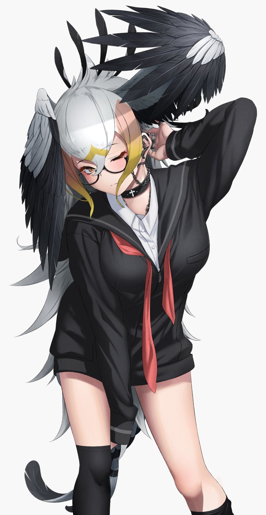 1girl absurdres alternate_costume between_legs bird_tail bird_wings black-framed_eyewear black_collar black_hair black_jacket black_leotard black_thighhighs blonde_hair chain collar commentary deku_suke ear_piercing eyewear_strap feathered_wings glasses hair_between_eyes hand_between_legs head_wings highres jacket jewelry kemono_friends legs_apart leotard long_hair long_sleeves looking_at_viewer multicolored_hair necktie one_eye_closed piercing red_neckwear ring secretarybird_(kemono_friends) semi-rimless_eyewear shirt simple_background solo tail thighhighs under-rim_eyewear undone_necktie very_long_hair white_background white_hair white_shirt wings yellow_eyes