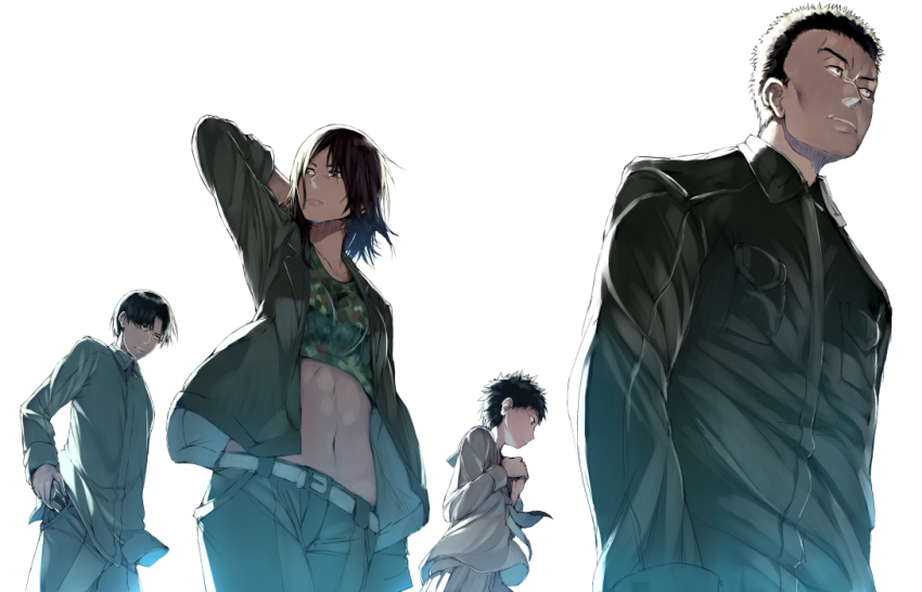 2boys 2girls a.q.u.a bad_id bad_pixiv_id belt black_eyes black_hair buckle dagger dark-skinned_female dark-skinned_male dark_skin etzali frown holding holding_dagger holding_knife holding_weapon knife light looking_back multiple_boys multiple_girls navel saku_tatsuhiko shirt teshio_megumi tetsumou toaru_majutsu_no_index toned toned_female weapon yamate