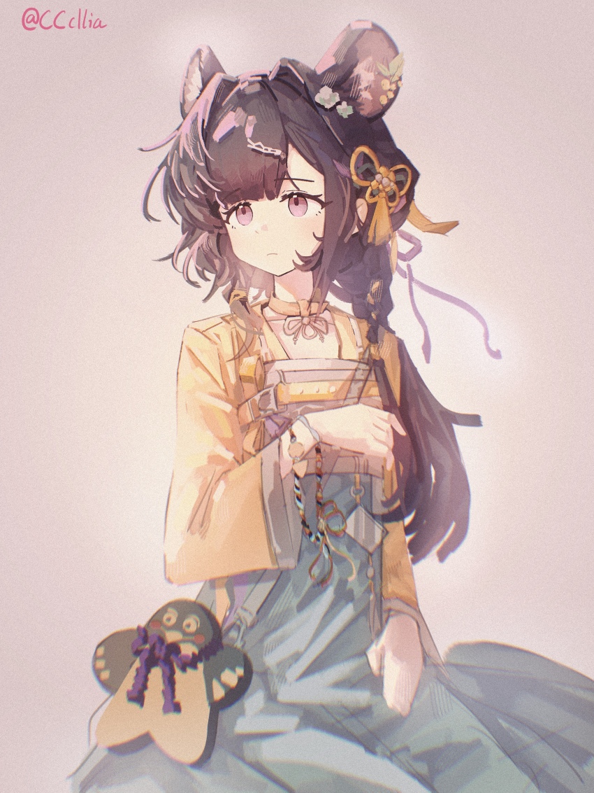 1girl absurdres animal_ears arknights brown_hair chromatic_aberration closed_mouth commentary_request film_grain green_skirt hair_ornament high-waist_skirt highres long_hair long_sleeves looking_to_the_side lutonada_(arknights) lutonada_(sending_thoughts)_(arknights) mouse_ears mouse_girl official_alternate_costume pink_background pink_eyes sakuratani_hane skirt solo turning_head twitter_username