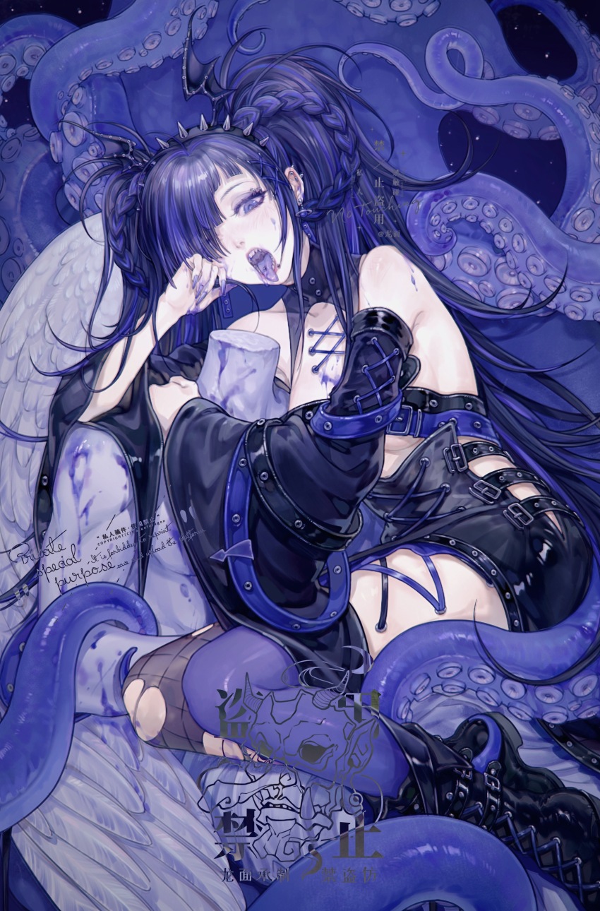 1girl absurdres bare_shoulders belt blue_hair boots braid commentary_request detached_sleeves fishnet_thighhighs fishnets hair_over_one_eye highres lace-up_boots long_hair longmianbushilongxumian looking_at_viewer multicolored_hair open_mouth original piercing purple_eyes purple_hair purple_nails solo tentacles thighhighs tongue tongue_out torn_clothes torn_thighhighs twintails wings
