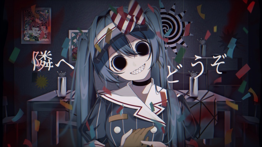 2girls black_eyes blue_dress blue_hair bow buttons chair commentary commentary_request confetti crazy_eyes crazy_smile dress english_commentary flat_chest gloves grin hair_between_eyes hat hat_bow hatsune_miku highres indoors kasane_teto long_hair looking_at_viewer mesmerizer_(vocaloid) multiple_girls pinstripe_dress pinstripe_hat pinstripe_pattern red_bow sailor_collar sharp_teeth smile solid_circle_eyes spiral table teeth twintails two-tone_bow upper_body utau visor_cap vocaloid white_bow white_sailor_collar yellow_gloves yuda_00x0