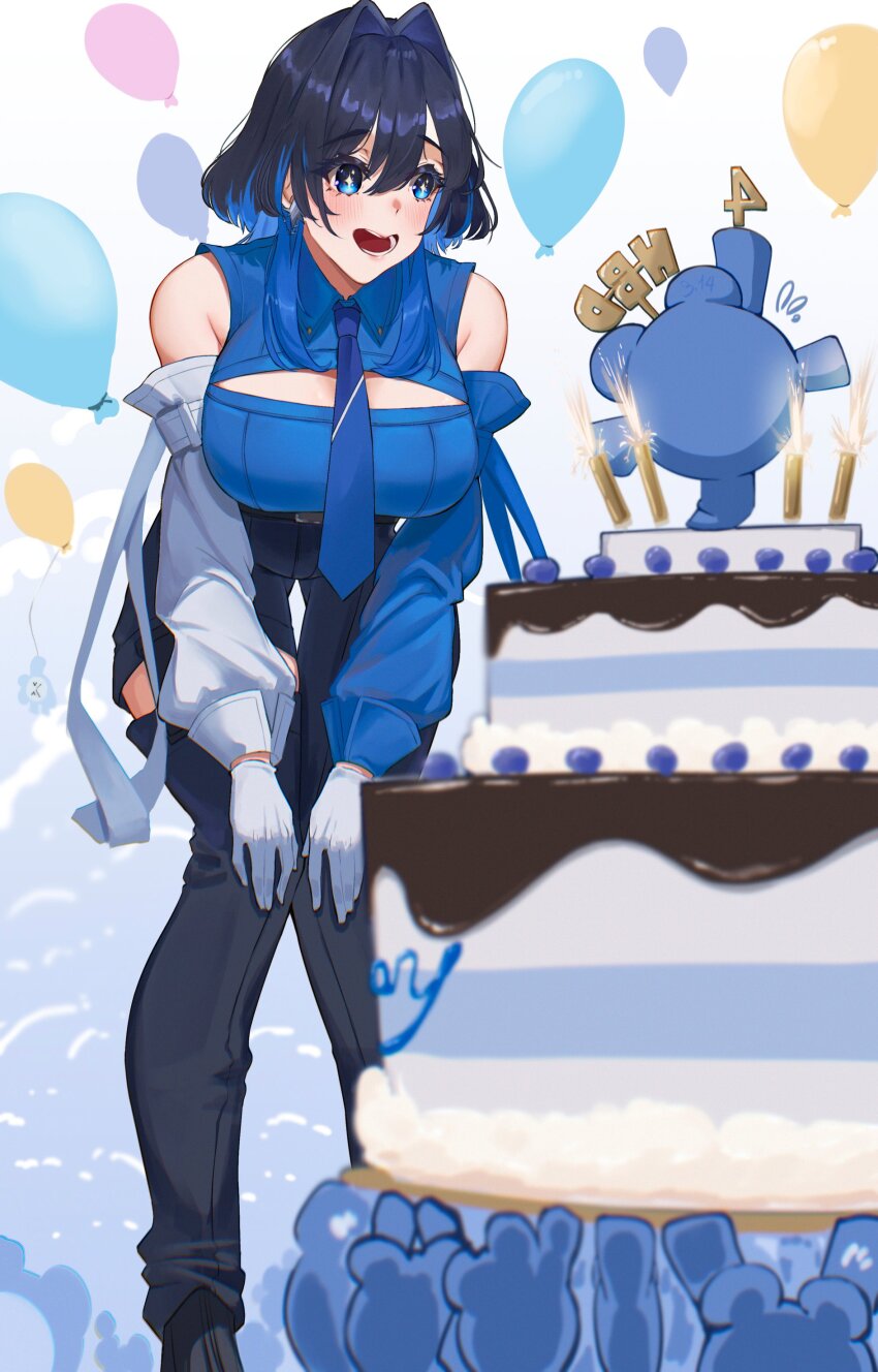 1girl absurdres asymmetrical_sleeves balloon birthday_cake black_hair black_pants blue_eyes blue_necktie blue_shirt blue_sleeves breasts cake colored_inner_hair commentary detached_sleeves eipanguino english_commentary food gloves hair_intakes highres hololive hololive_english kronie_(ouro_kronii) large_breasts leaning_forward long_hair mismatched_sleeves multicolored_hair necktie official_alternate_costume open_mouth ouro_kronii ouro_kronii_(4th_costume) pants shirt virtual_youtuber white_gloves white_sleeves