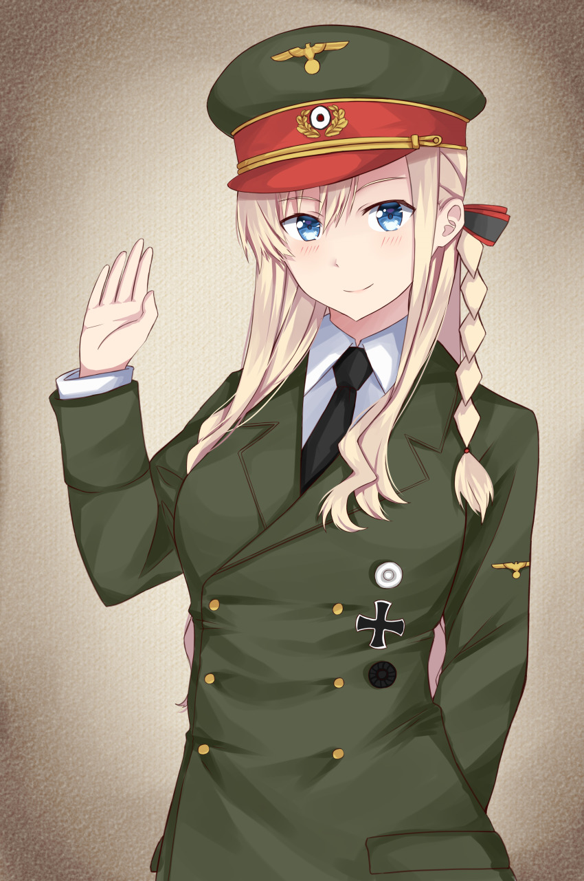 1girl absurdres adolf_hitler adolf_hitler_(cosplay) arm_behind_back black_necktie blonde_hair blue_eyes braid closed_mouth commentary cosplay cross dress_shirt english_commentary germany green_ribbon grey_hat grey_jacket hair_ribbon hat high_school_fleet highres insignia iron_cross jacket long_hair long_sleeves looking_at_viewer military military_hat military_uniform necktie peaked_cap ribbon shirt single_braid smile solo standing starguard upper_body waving white_shirt wilhelmina_braunschweig_ingenohl_friedeburg wing_collar
