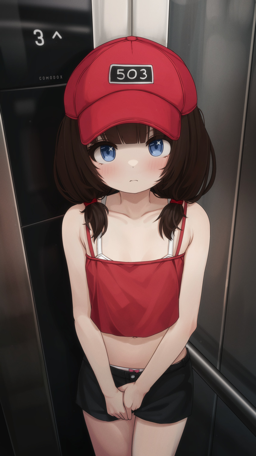 1girl absurdres bare_arms bare_shoulders baseball_cap black_shorts blue_eyes blush bow bow_panties bra bra_peek brown_hair camisole closed_mouth collarbone comodox cowboy_shot elevator hat highres huge_filesize indoors large_variant_set long_hair looking_at_viewer low_twintails midriff navel original panties panty_peek peaked_cap red_camisole red_hat sheryn_(comodox) short_shorts shorts solo spaghetti_strap standing twintails underwear variant_set white_bra white_panties