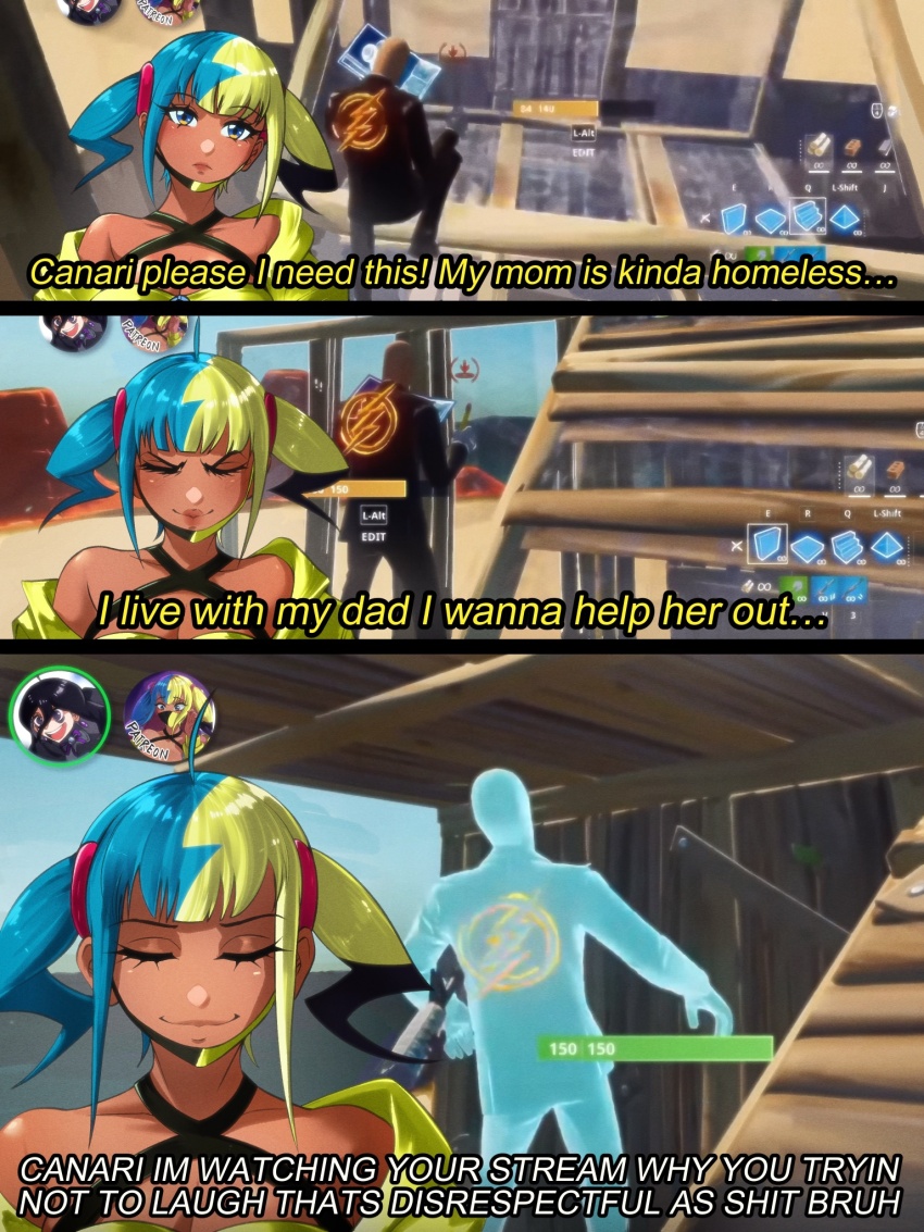 1girl aqua_hair black_mask blonde_hair blue_eyes canari_(pokemon) center-flap_bangs fortnite hex_maniac_(pokemon) hex_maniac_(pokemon_legends:_z-a) highres ishowspeed_trying_not_to_laugh_(meme) jacket mask meme mouth_mask multicolored_hair nintendo opalis pokemon pokemon_legends:_z-a short_twintails solo split-color_hair twintails two-tone_hair two-tone_mask yellow_jacket yellow_mask