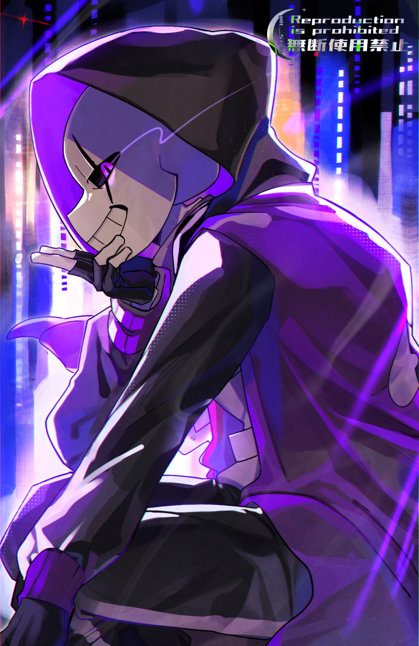 1boy :d alternate_universe backlighting black_gloves black_hood black_pants black_sclera black_sleeves blue_background colored_sclera commentary_request epictale feet fingerless_gloves flaming_eye from_side gloves grin halftone hand_on_own_chin hand_up highres hood hood_up hooded_jacket jacket long_sleeves looking_at_viewer male_focus open_clothes open_jacket open_mouth pants profile puffy_long_sleeves puffy_sleeves purple_eyes purple_jacket r_5140 raglan_sleeves sans_(undertale) scar scar_across_eye scar_on_face shirt simple_background single_vertical_stripe smile solo squatting undertale utdr_(toby_fox) watermark white_shirt