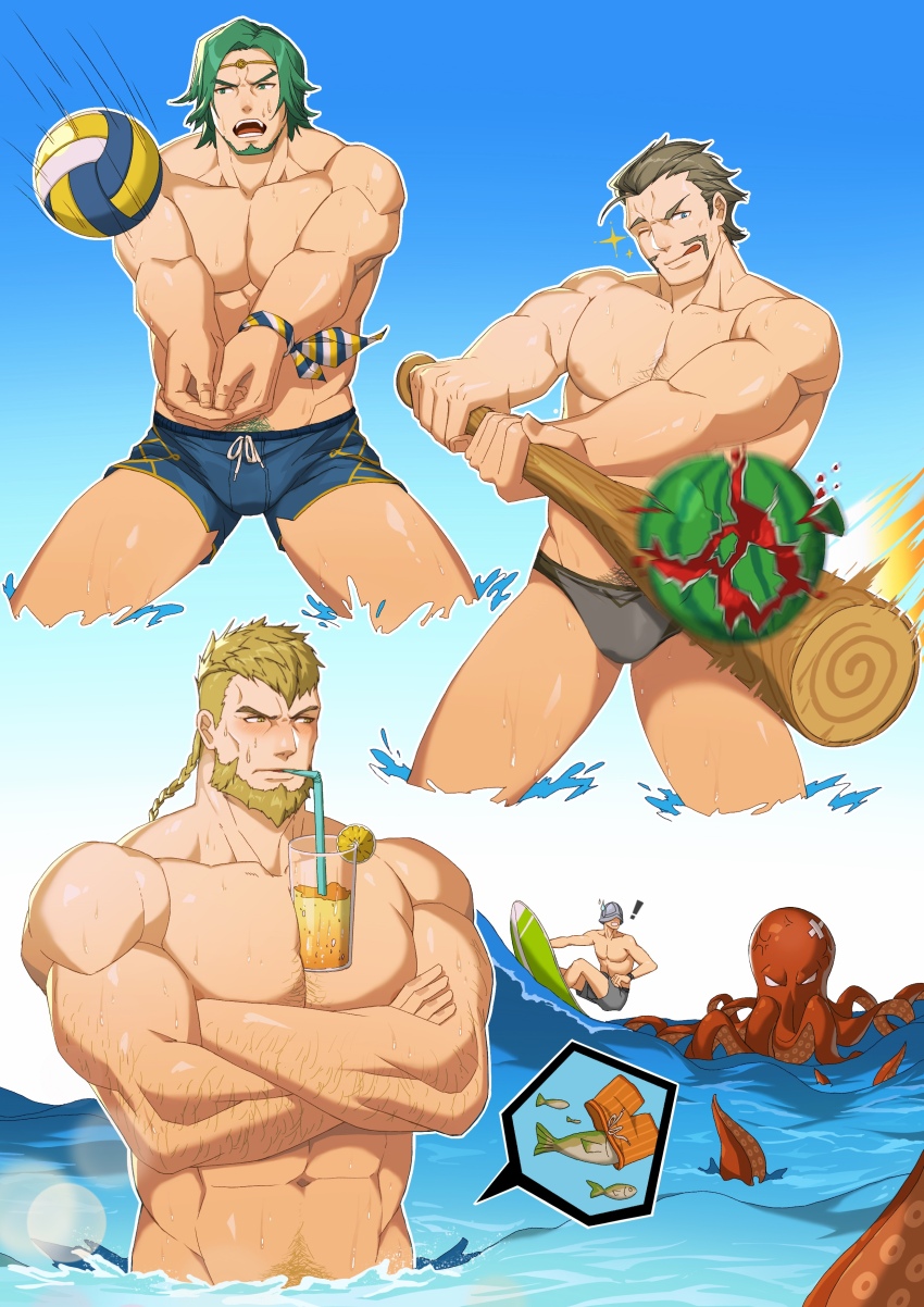 3boys abs absurdres alois_rangeld arm_hair ball bara beard blonde_hair blue_male_swimwear blush brown_hair bulge chest_hair cup drinking drinking_straw facial_hair fire_emblem fire_emblem:_three_houses food fruit gatekeeper_(fire_emblem) green_hair grey_male_swimwear highres holding jeralt_reus_eisner large_pectorals male_focus male_swimwear multiple_boys muscular muscular_male navel nintendo nipples one_eye_closed open_mouth partially_submerged pectorals seteth_(fire_emblem) short_hair tongue tongue_out topless_male volleyball_(object) water watermelon wristband zhuganchangjiadan
