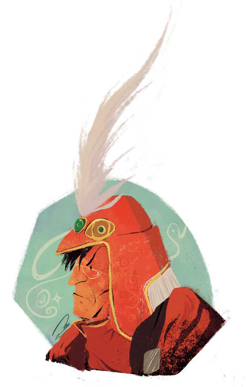 1boy alien commentary december1993 english_commentary feathers gem general_khaidenn glasses hat highres honneamise_no_tsubasa male_focus manly military military_uniform old portrait science_fiction signature sketch