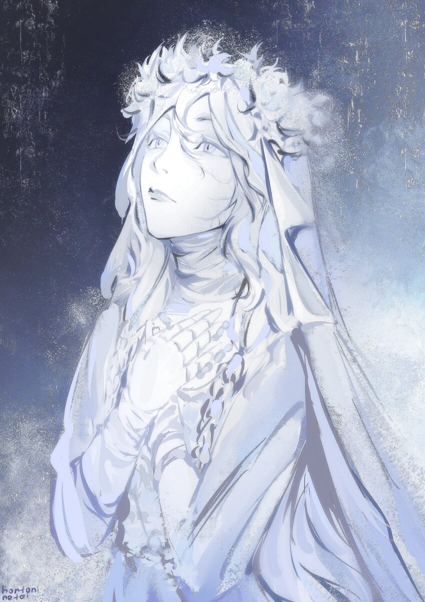 1girl absurdres artist_name closed_mouth colored_skin doll_joints dress elden_ring elden_ring_nightreign highres hontoninetai joints lips long_hair looking_up revenant_(elden_ring) solo veil wavy_hair white_dress white_hair white_lips white_skin