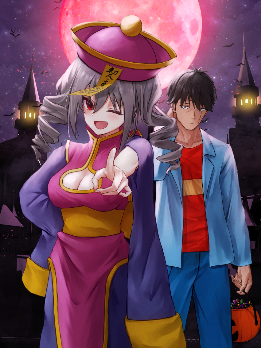 1boy 1girl absurdres bat_(animal) black_hair breasts chinese_clothes cleavage cleavage_cutout clothing_cutout commentary_request commission cosplay darkstalkers drill_hair full_moon grey_hair halloween_bucket halloween_costume hand_on_own_hip hat highres hsien-ko_(cosplay) idolmaster idolmaster_cinderella_girls jiangshi kanzaki_ranko large_breasts hsien-ko looking_at_viewer moon ofuda one_eye_closed pointing pointing_at_viewer producer_(idolmaster) producer_(idolmaster_cinderella_girls_anime) qingdai_guanmao red_eyes red_moon skeb_commission toi1et_paper twin_drills
