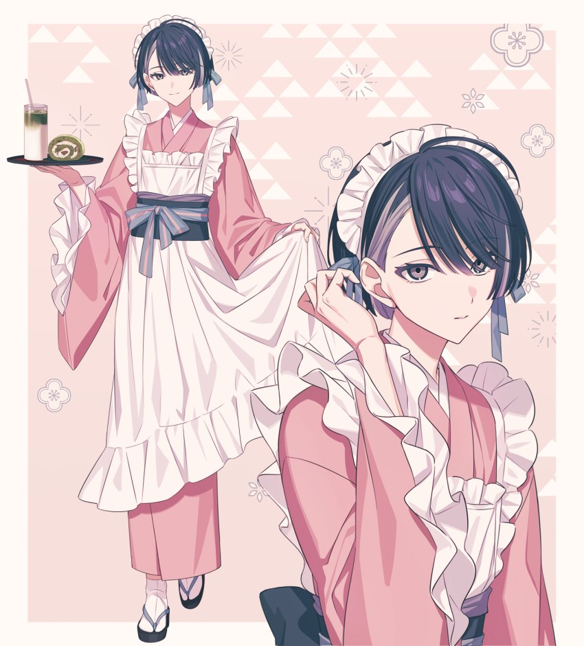 18trip 1boy apron back_bow black_bow black_hair blue_ribbon border bow check_food closed_mouth commentary dress drink drinking_straw eyelashes floral_background food food_request frilled_apron frilled_sleeves frills full_body grey_eyes hair_behind_ear hair_ribbon hand_up hands_up highres holding holding_plate japanese_clothes kaguya_muneuji kimono kn_(akairo0530) layered_clothes lifting_own_clothes looking_at_viewer maid maid_apron maid_headdress male_focus multicolored_hair multicolored_ribbon multiple_views pink_dress pink_kimono plate ribbon sandals shoes smile socks sparkle streaked_hair trap triangle_background upper_body wa_maid white_border white_socks wide_sleeves