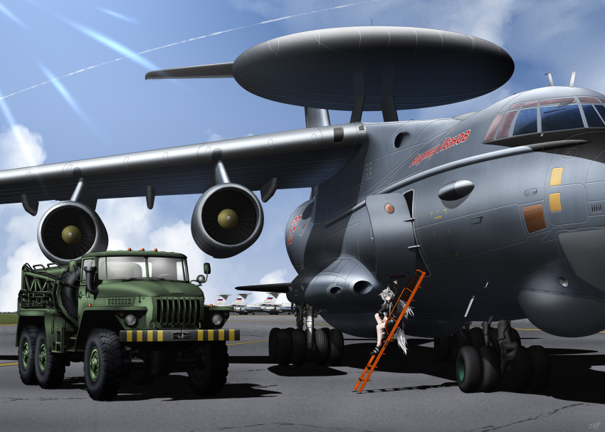 1girl a-50_mainstay absurdres aircraft airfield animal_ear_fluff animal_ears arknights arm_up awacs bare_legs black_boots black_coat black_jacket black_shorts blue_sky boots breasts cargo_aircraft cloud coat commentary commission contrail day english_commentary full_body gloves grass grey_eyes grey_hair grey_tail hair_between_eyes hair_ornament hairclip highres ilyushin_il-76 jacket jet_engine ladder landing_gear lappland_(arknights) light_rays long_hair long_sleeves looking_at_viewer military military_truck military_vehicle mixed-language_commentary motor_vehicle outdoors radar_dish runway russian_commentary russian_flag scar scar_across_eye scar_on_face shadow shorts sitting sky smile solo spare_tire tail truck unused_tire ural_4320 ural_apa-5d vehicle_focus wolf_ears wolf_girl wolf_tail zero_(73ro)