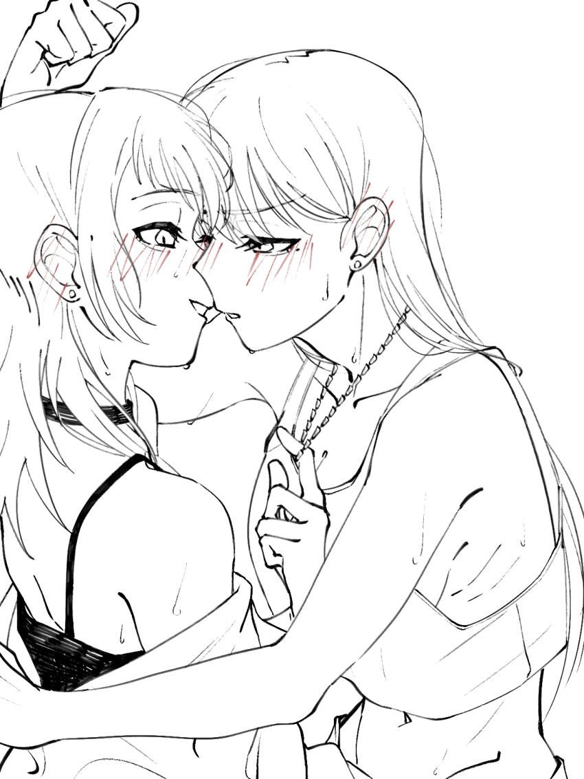 2girls bang_dream! bang_dream!_it&#039;s_mygo!!!!! blush breasts camisole choker cleavage doki_(oox3o) ear_blush earrings greyscale highres jewelry kabedon long_hair midriff monochrome multiple_girls navel necklace_pull shiina_taki spot_color tank_top yahata_umiri yuri