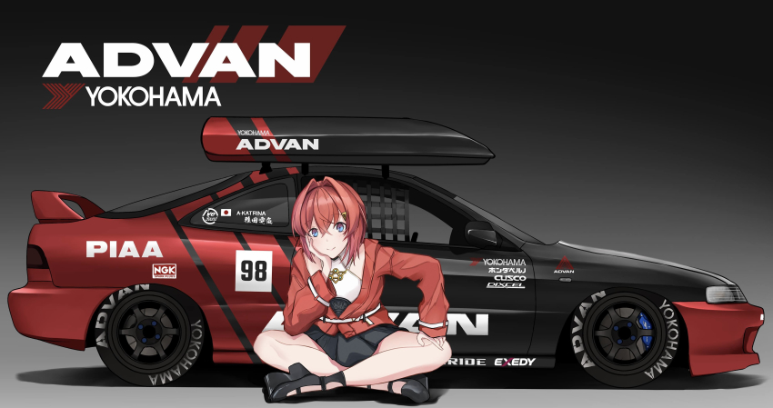 1girl absurdres advan ange_katrina ange_katrina_(2nd_costume) bare_legs belt black_car black_shoes black_skirt blue_eyes car character_name check_vehicle closed_mouth collared_shirt commentary_request copyright_name crossed_bangs crossed_legs full_body gold_necklace gradient_background grey_background hair_between_eyes hair_intakes halter_shirt halterneck hand_on_own_cheek hand_on_own_face hand_on_own_knee head_rest highres honda_integra jacket jewelry lips long_bangs long_sleeves looking_at_viewer masada_masashi miniskirt motor_vehicle necklace nijisanji on_ground platform_shoes pleated_skirt race_vehicle racecar red_car red_hair red_jacket shirt shirt_tucked_in shoes sitting skirt smile solo spoiler_(automobile) vehicle_request virtual_youtuber white_belt white_shirt