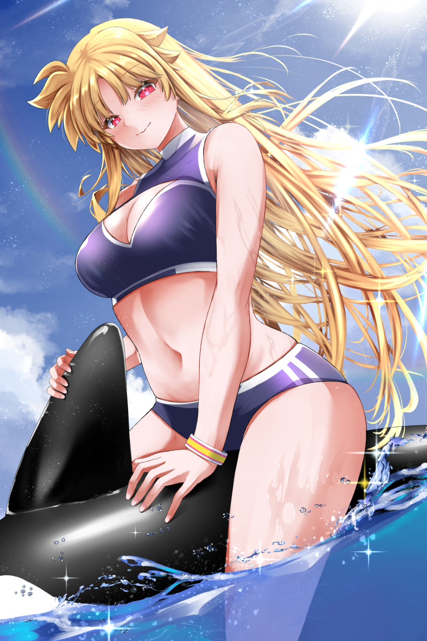 1girl bikini blonde_hair blue_bikini blush bracelet breasts cleavage cleavage_cutout closed_mouth clothing_cutout commentary_request day fate_testarossa highres inflatable_dolphin inflatable_toy jewelry large_breasts long_hair looking_at_viewer lyrical_nanoha mahou_shoujo_lyrical_nanoha_strikers navel outdoors paid_reward_available rainbow red_eyes sitting solo sougetsu_izuki straddling swimsuit thighs turtleneck_bikini_top very_long_hair wading water