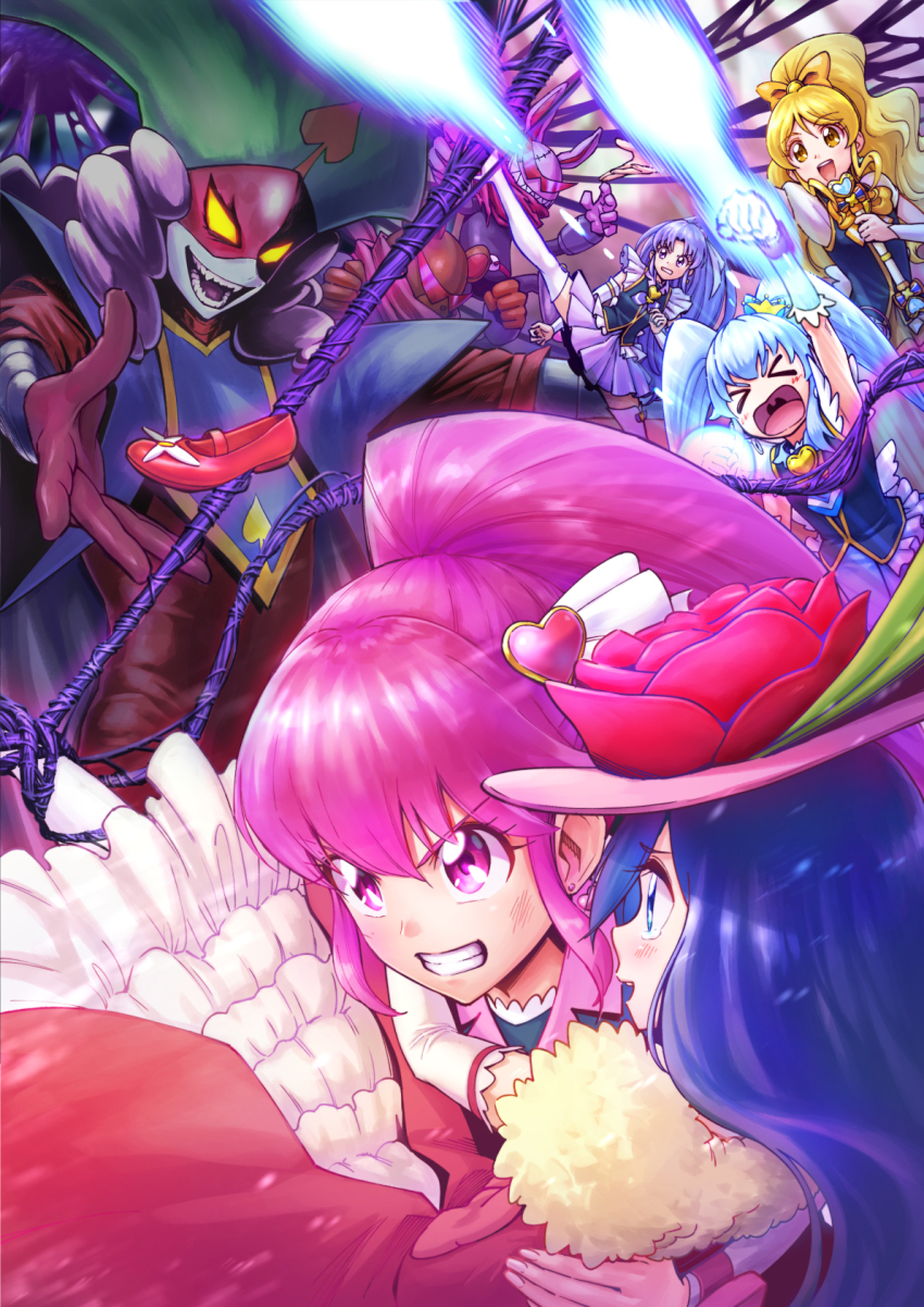 &gt;_&lt; 5girls aino_megumi black_fang black_shirt blonde_hair blouse blue_eyes blue_hair blue_skirt bow brooch carrying crown cure_fortune cure_honey cure_lovely cure_princess elbow_gloves evil_smile frown gloves glowing_fist gold_crown grimace hair_bow half_gloves happinesscharge_precure! heart heart_brooch high_kick highres hikawa_iona holding holding_wand itou_shin&#039;ichi jewelry kicking magical_girl mini_crown miniskirt multiple_girls oomori_yuuko open_mouth orihara_tsumugi pink_eyes pink_hair pleated_skirt ponytail precure princess_carry puffy_short_sleeves puffy_sleeves purple_eyes purple_hair purple_skirt shirayuki_hime shirt short_sleeves skirt sleeveless sleeveless_shirt smile standing thighhighs twintails wand white_gloves white_thighhighs yellow_bow yellow_eyes yellow_skirt