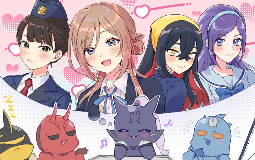 4boys 4girls aono_miki asdge23 carmine_(pokemon) character_request commentary fresh_precure! imagining kamen_rider kamen_rider_den-o_(series) kamen_rider_drive_(series) kintaros kirishima_eriko looking_at_viewer momotaros multiple_boys multiple_girls nintendo pokemon pokemon_sv precure purple_eyes purple_hair ryutaros shijima_kiriko smile speech_bubble thought_bubble urataros yellow_eyes