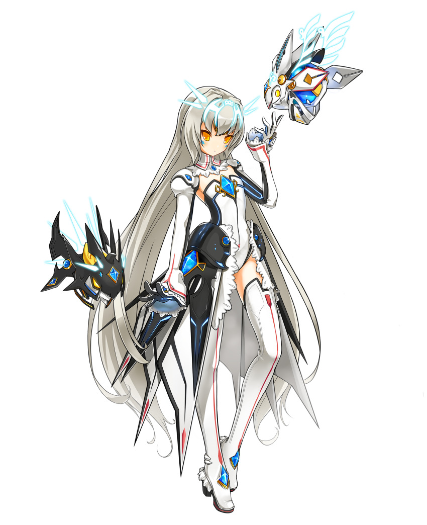 1girl armor armpits boots choker closed_mouth code:_battle_seraph_(elsword) commentary_request detached_sleeves elsword eve_(elsword) expressionless facial_mark faulds flat_chest forehead_protector full_body game_cg gem gloves glowing hair_intakes hand_up high_heel_boots high_heels highres lace leotard long_hair looking_at_viewer moby_(elsword) no_nose official_art remy_(elsword) robot second-party_source simple_background sleeves_past_wrists solo standing strapless strapless_leotard thigh_boots thighhighs twintails varentyr very_long_hair white_background white_boots white_hair white_leotard white_thighhighs yellow_eyes