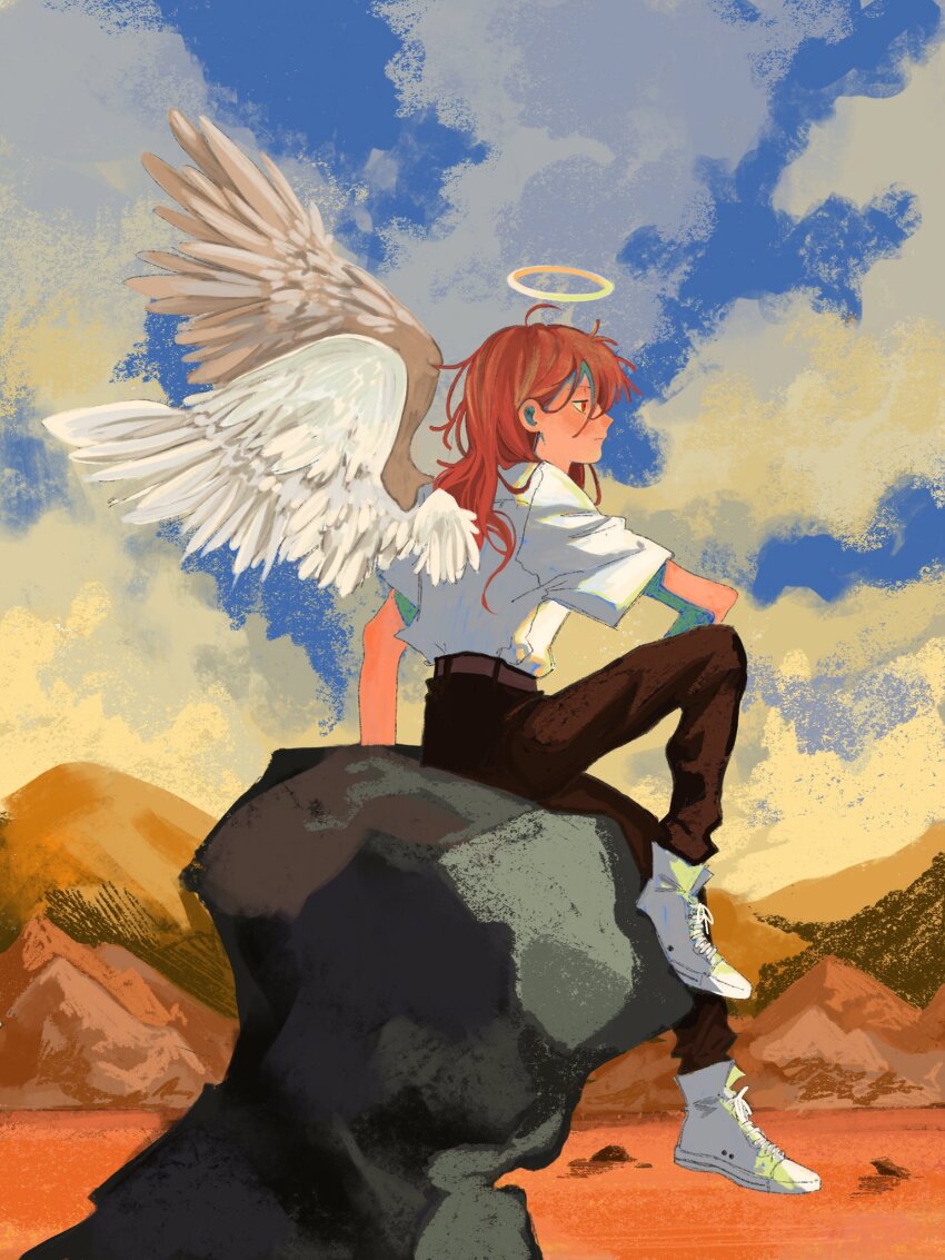 1boy angel_devil_(chainsaw_man) angel_wings blue_sky chainsaw_man cloud collared_shirt cosplay desert halo highres long_hair looking_afar makosh_(nemakoshh) mechanical_halo nagisa_kaworu nagisa_kaworu_(cosplay) neon_genesis_evangelion red_hair scene_reference shirt shirt_tucked_in sitting sky solo white_footwear white_shirt white_wings wings
