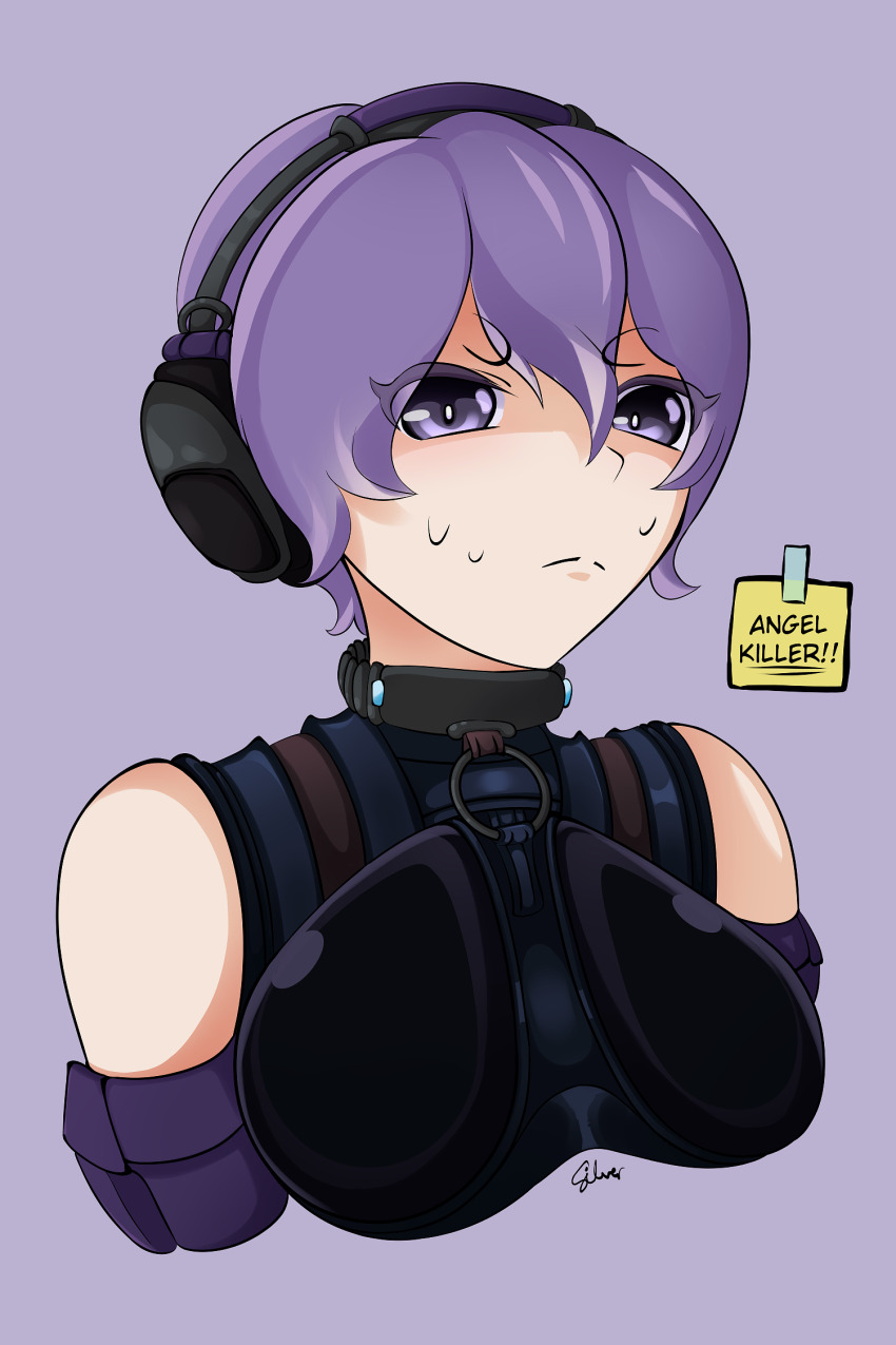 1girl artist_name bare_shoulders beyond_citadel black_choker breasts choker english_text gloves headset highres martyr_(the_citadel) medium_breasts note purple_background purple_eyes purple_hair short_hair simple_background solo subeditred sweatdrop tape the_citadel