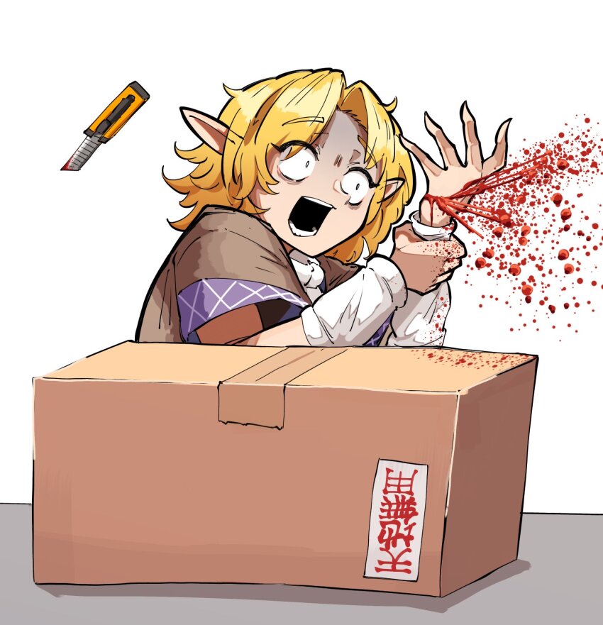 1girl accident blonde_hair blood blood_spray box boxcutter brown_shirt cardboard_box commentary_request constricted_pupils cookie_(touhou) cuts highres holding holding_boxcutter injury joker_(cookie) masking_tape medium_hair mizuhashi_parsee odoro_(nicoseiga81184094) parted_bangs pointy_ears scarf shirt solo touhou translated turn_pale upper_body white_scarf