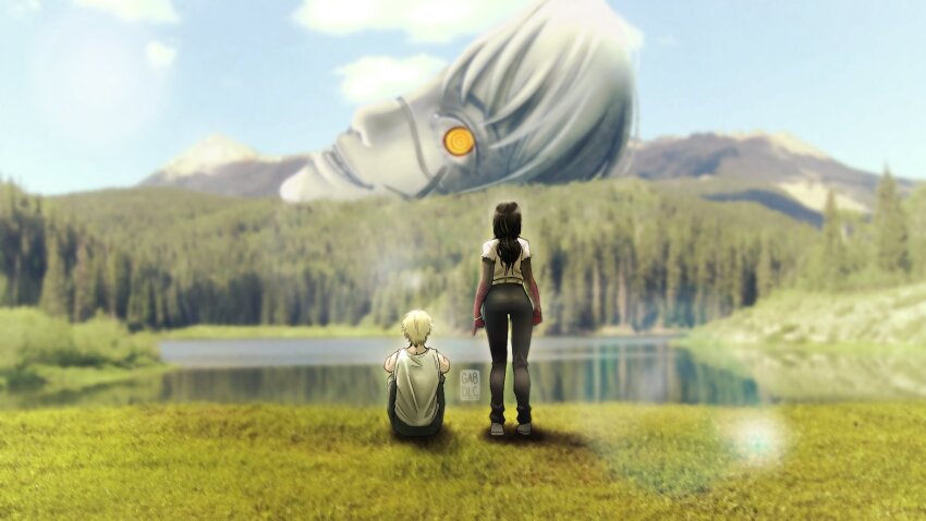 1boy 1girl ass black_hair black_pants blonde_hair blue_sky chainsaw_man day denji_(chainsaw_man) gabdlc grass highres lake long_hair mitaka_asa mountain neon_genesis_evangelion outdoors pants photo_background scene_reference shirt sky standing statue tank_top the_end_of_evangelion white_shirt white_tank_top yoru_(chainsaw_man)